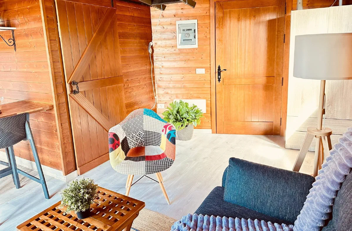 Cozy: entrance area with a wooden door, floor lamp and armchair