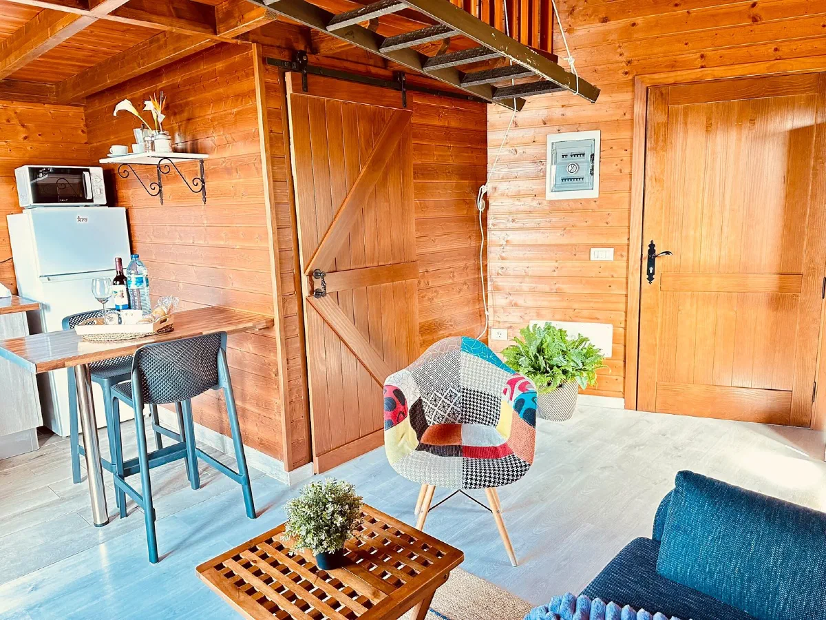 Cozy: wooden sliding door, kitchen corner and a patchwork armchair