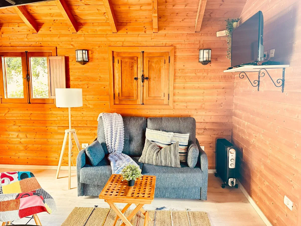 Cozy: living area with a grey sofa, wall-mounted TV and wooden walls