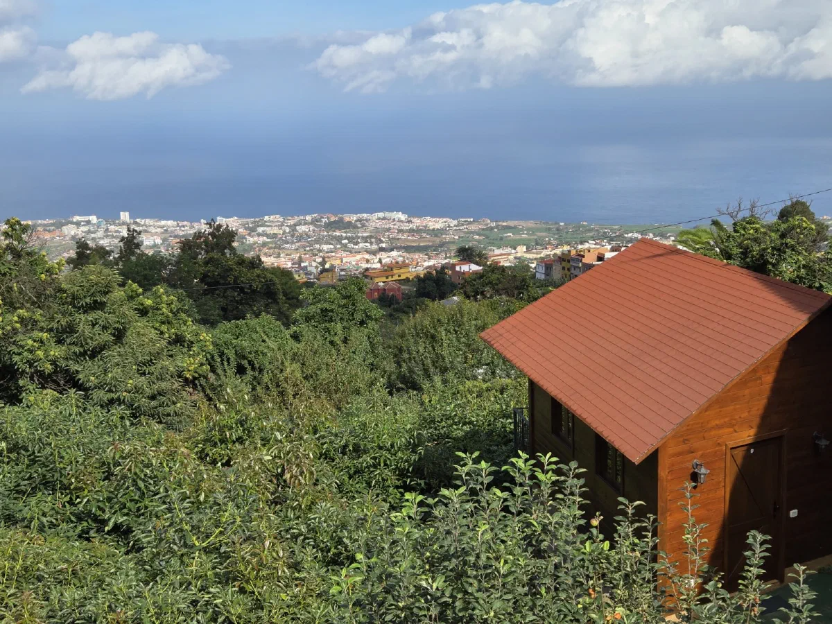 Wooden cabin with a red roof among green gardens, with the town of Puerto de la Cruz and the Atlantic in the distance